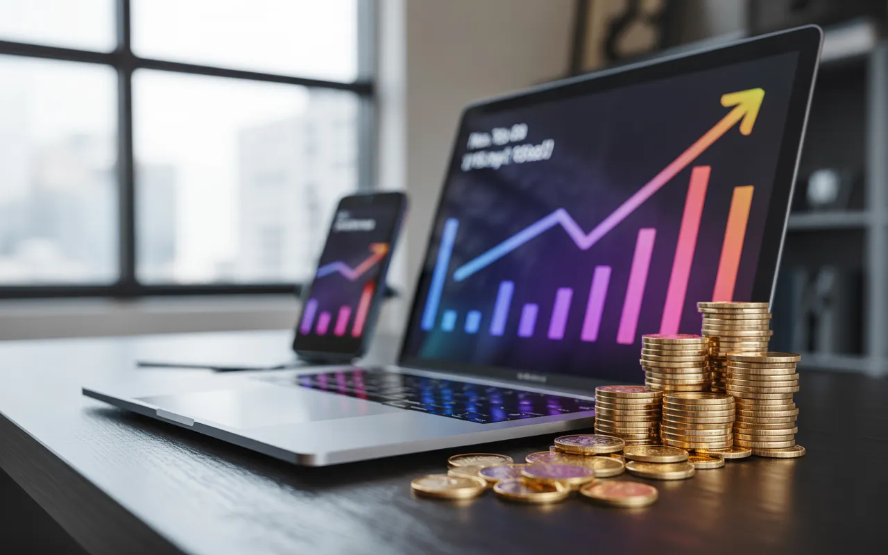 Pourquoi avoir un site est plus rentable que les réseaux sociaux : ordinateur portable à gauche avec graphiques en hausse et pile de pièces dorées nettes, smartphone à droite légèrement flou avec quelques pièces, bureau moderne, lumière dorée.