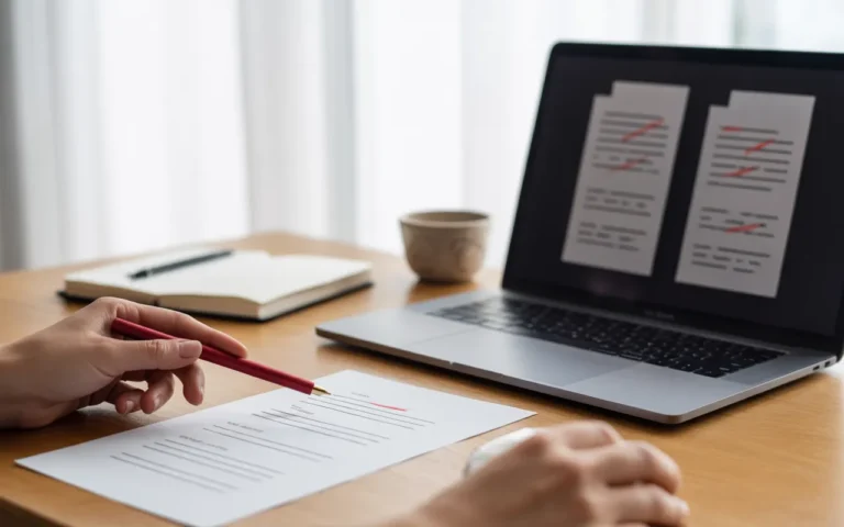 5 erreurs fréquentes en rédaction web mises en scène: écran d’édition avec soulignements et icônes d’avertissement rouges, main au stylo rouge corrigeant une feuille.