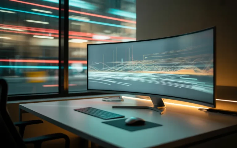 L’importance du suivi du trafic et des statistiques illustrée: bureau moderne 2025, vue par-dessus l’épaule; écran ultra-large incurvé et overlay AR avec visuels d’analytics (courbes, barres, heatmaps); ville nocturne en bokeh.