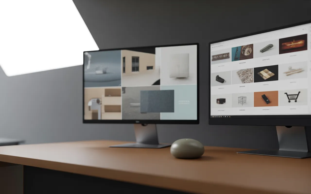 Quelle est la différence entre site vitrine et e-commerce : bureau moderne avec deux écrans côte à côte, vitrine minimaliste à gauche, e-commerce à droite (grille produits, icône panier, pastilles prix, bouton d’action).