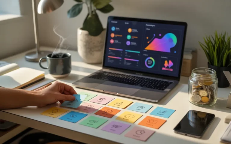 Comment choisir les sujets de blog les plus rentables: photo réaliste d’un bureau moderne, main triant des fiches illustrées devant un ordinateur portable avec graphiques et icônes, café, carnet, smartphone et bocal de pièces évoquant la rentabilité.