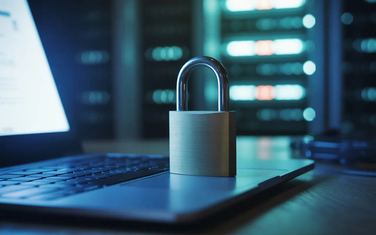 Comment sécuriser son site WordPress facilement: cadenas en acier brossé sur clavier d’un ordinateur portable premium, écran CMS flouté, lueur bleutée, bokeh high-tech nocturne