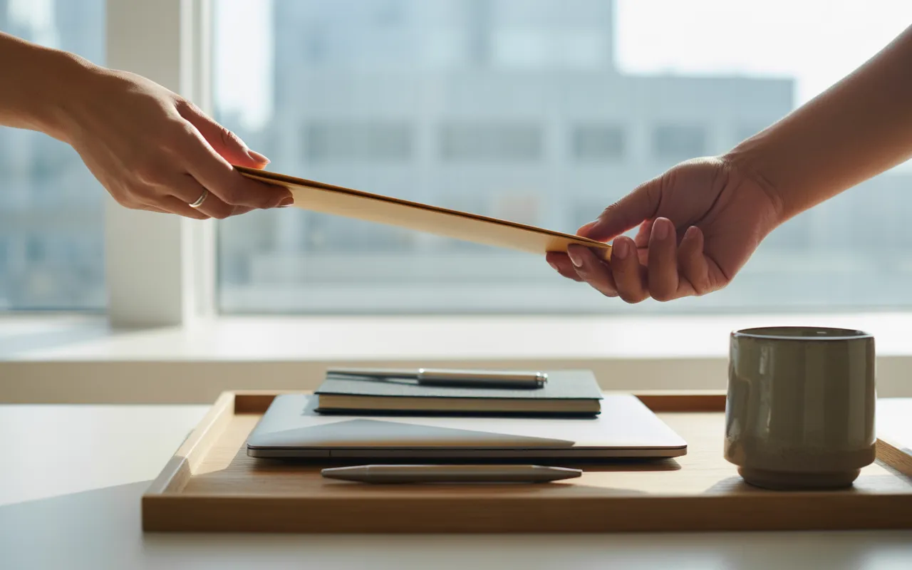 Pourquoi externaliser la rédaction de ses articles : deux mains échangent un dossier fin au‑dessus d’un laptop ultrafin, bureau moderne, lumière douce, arrière‑plan urbain flou.