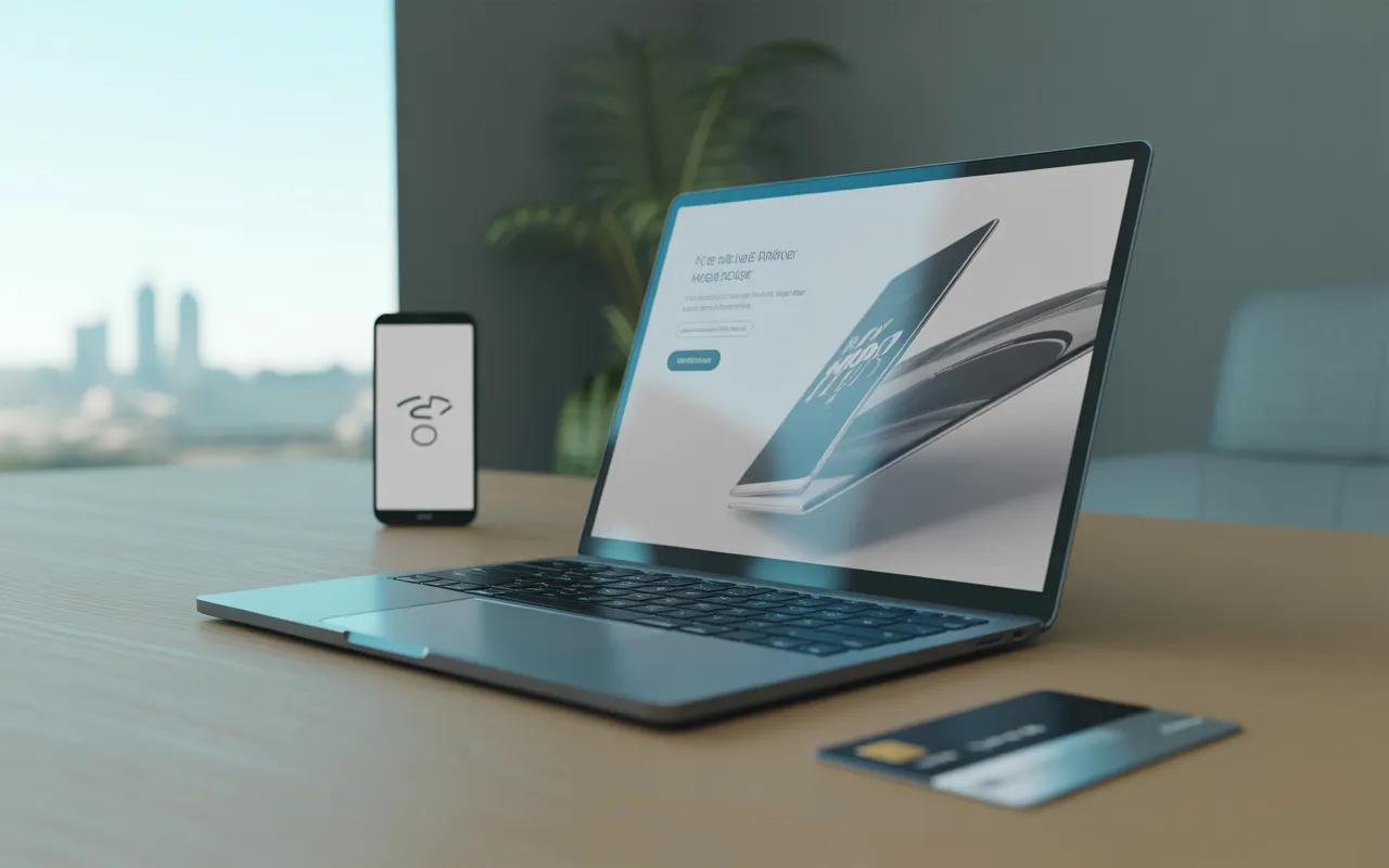 Site par abonnement la nouvelle façon de créer un site web — vignette 2025: laptop premium affichant un constructeur de site sans texte et icônes d’abonnement, carte bancaire métallique et smartphone sur bureau minimaliste lumineux.