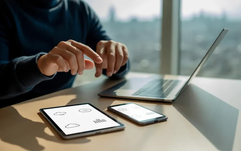 Comment digitaliser son activité simplement en 2025: mains d’un entrepreneur, tablette, smartphone et PC portable sur bureau minimaliste, interfaces épurées.