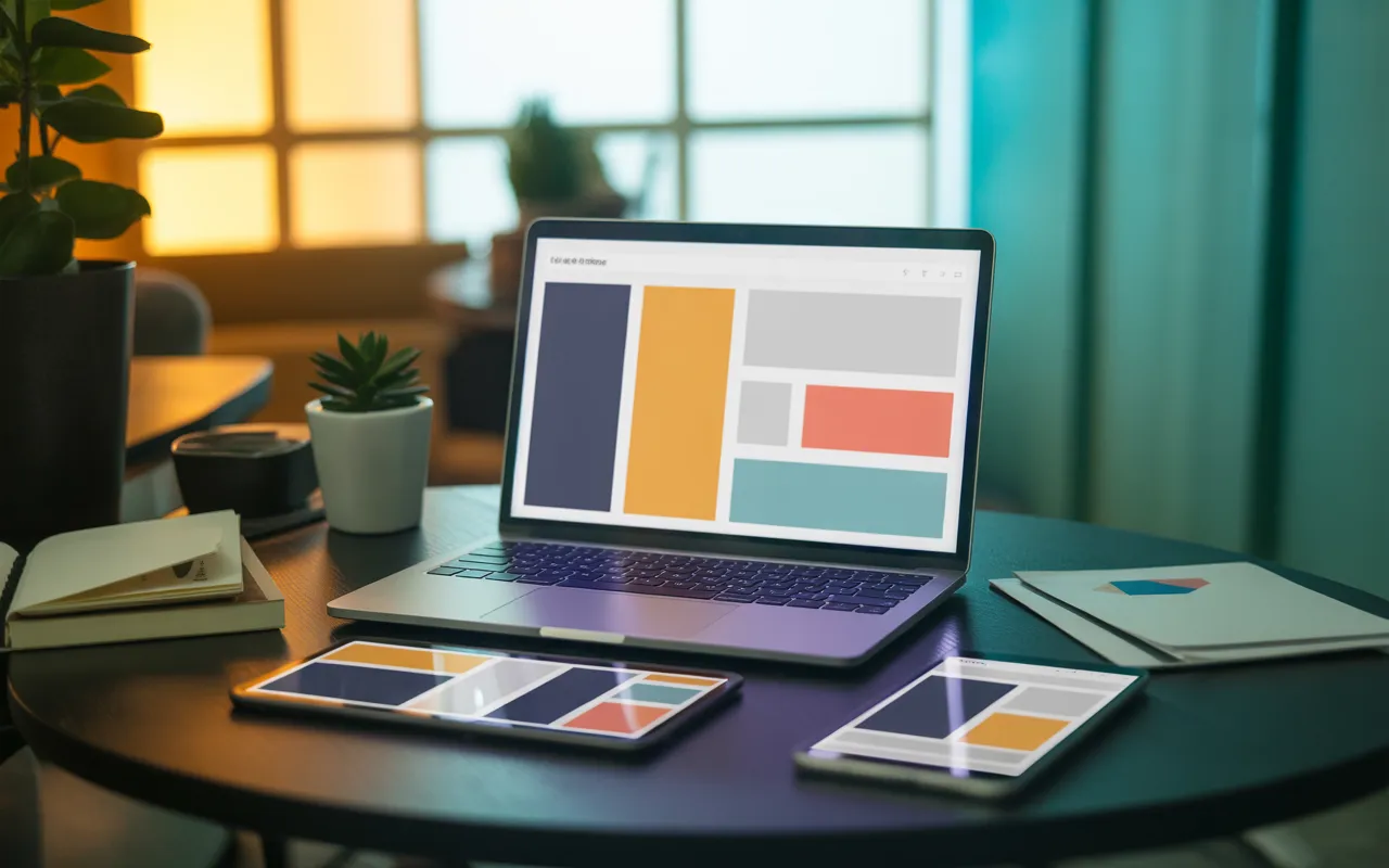 Site one-page avantages et limites pour une TPE: bureau moderne, laptop aluminium, tablette et smartphone avec maquette responsive en blocs abstraits (sans texte ni logos), éclairage bicolore symbolisant les pour et les contre.