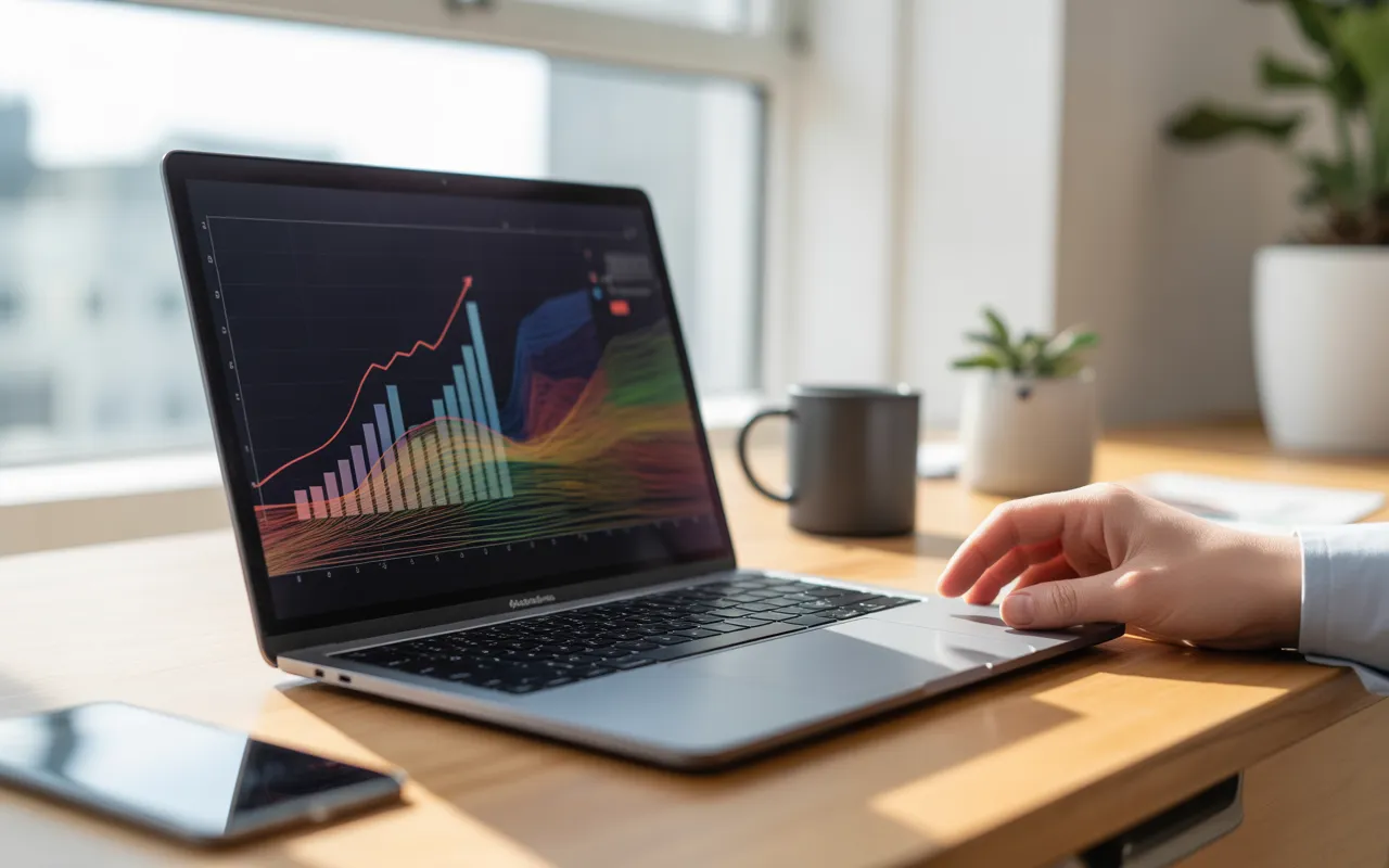 Comment utiliser des articles de blog pour booster ses ventes: bureau moderne avec ordinateur portable affichant des graphiques de croissance colorés, main sur le trackpad, mug et plante, open space flou en arrière-plan.