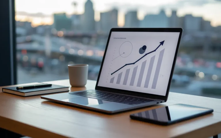 Comment écrire un article de blog qui attire du trafic : ordinateur portable non marqué avec graphique ascendant, bureau minimaliste (smartphone, carnet, stylo, tasse blanche), ville en bokeh au crépuscule.