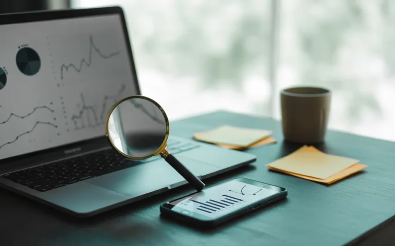 Les outils gratuits pour analyser son SEO: bureau moderne photoréaliste, laptop affichant des graphiques abstraits, loupe en avant-plan sur l’écran, smartphone, fond bokeh.