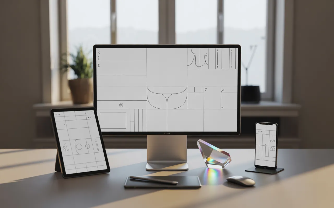 Espace de travail premium minimaliste: grand moniteur sans marque avec maquette web en blocs géométriques, tablette et smartphone alignés, prisme de verre; Pourquoi choisir Sharp Articles pour gérer son site et son conten