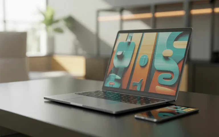 Comment fidéliser ses clients grâce à son site: ordinateur portable affichant une interface de fidélisation client (icônes étoile, cœur), smartphone à côté, bureau moderne lumineux, arrière‑plan flou.