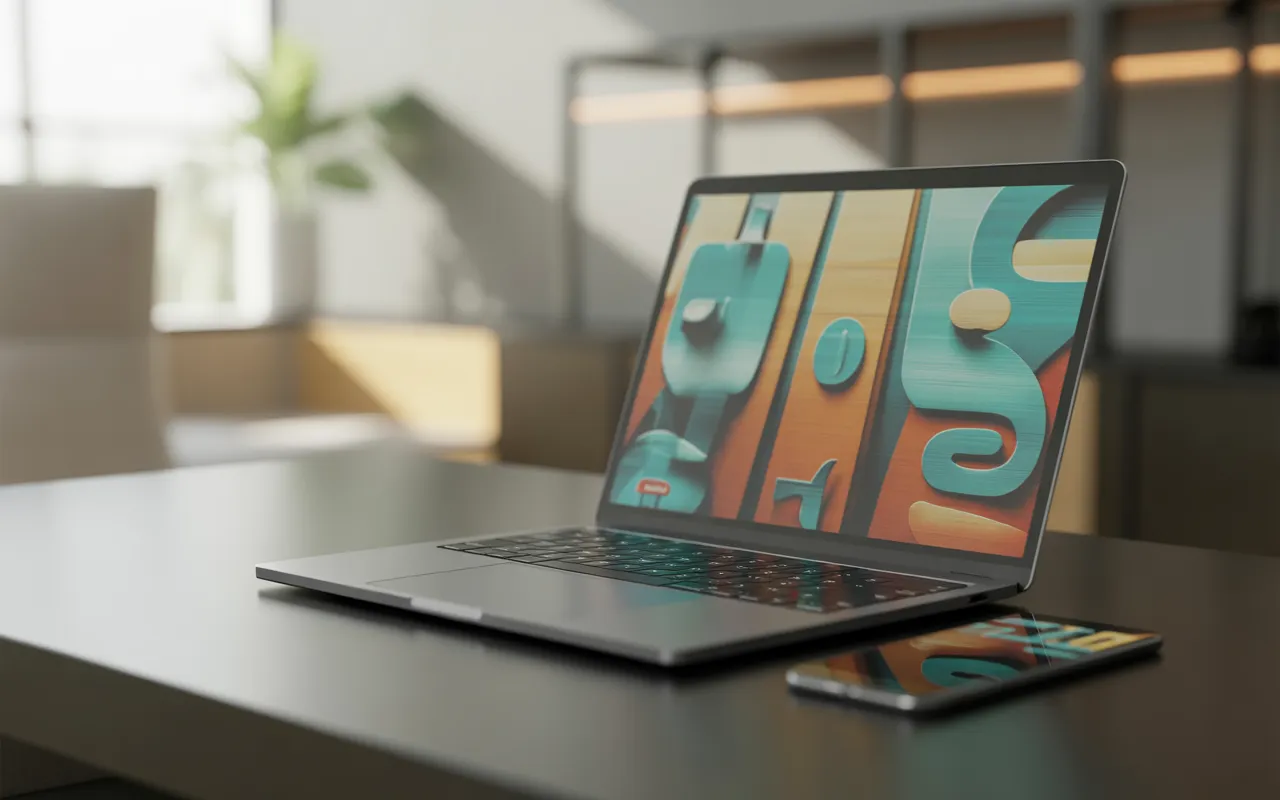 Comment fidéliser ses clients grâce à son site: ordinateur portable affichant une interface de fidélisation client (icônes étoile, cœur), smartphone à côté, bureau moderne lumineux, arrière‑plan flou.