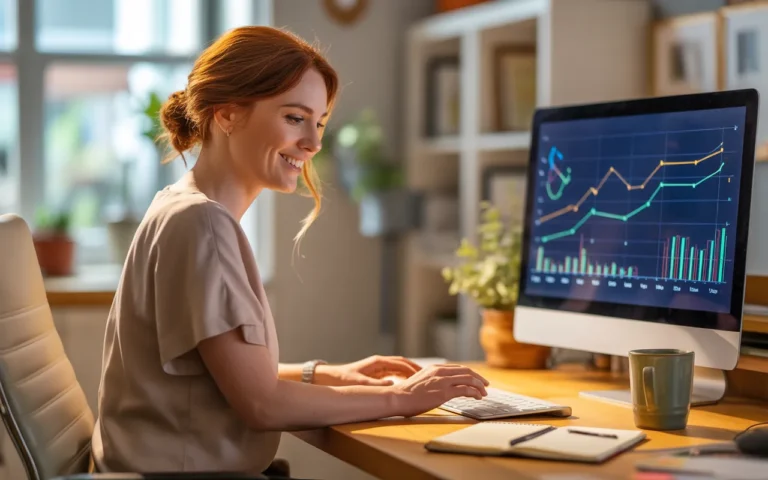 Comment un blog améliore la notoriété d’une TPE: dirigeante souriante travaillant sur un ordinateur portable dans un petit bureau lumineux; graphiques de croissance abstraits flous à l’écran.