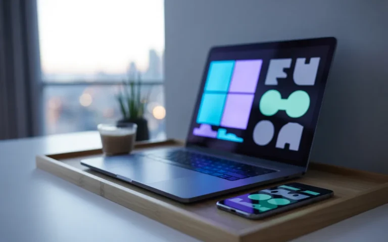 Comment faire connaître son entreprise sur Internet : entrepreneur tapant sur un laptop à côté d’un smartphone, graphiques colorés à l’écran, bureau minimaliste, bokeh urbain nocturne.