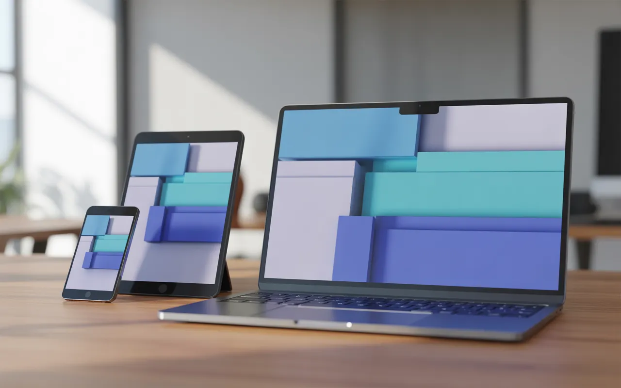 Qu’est-ce qu’un site responsive et pourquoi c’est vital — vignette d’article avec laptop, tablette et smartphone sans marque sur bureau en bois clair, écrans montrant la même grille web adaptative.