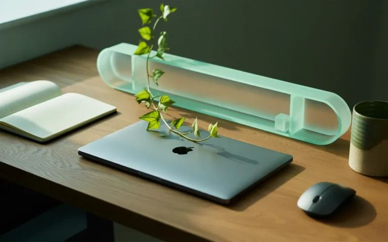 Miniature d’article photo-réaliste d’un bureau moderne 2025 illustrant Comment intégrer ses mots-clés naturellement dans un texte: liane verte fusion nature/numérique, laptop fermé, objet en acrylique dépoli, carnet aux pages blanches, lumière douce.