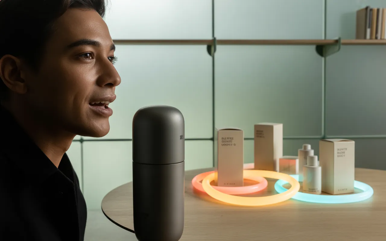 Portrait 3/4 d’un professionnel parlant à un micro de studio; rubans lumineux entourant des packagings neutres sur table en bois, illustrant Le rôle du ton de voix dans la communication d’une marque dans un bureau créatif lumineux.