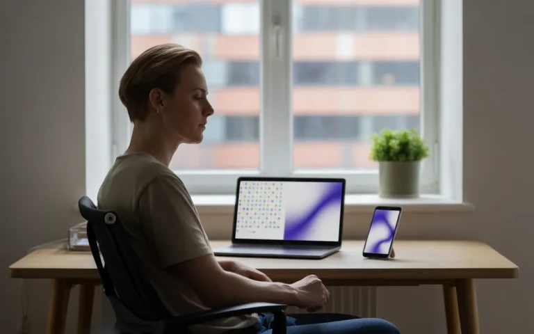 Pourquoi une présence régulière sur le web rassure les clients: client serein dans un bureau scandinave, sujet à droite, regard vers un ordinateur portable et un smartphone aux interfaces abstraites (grille de calendrier ponctuée, courbe stable); lumière matinale, tons bleus, arrière-plan flou.