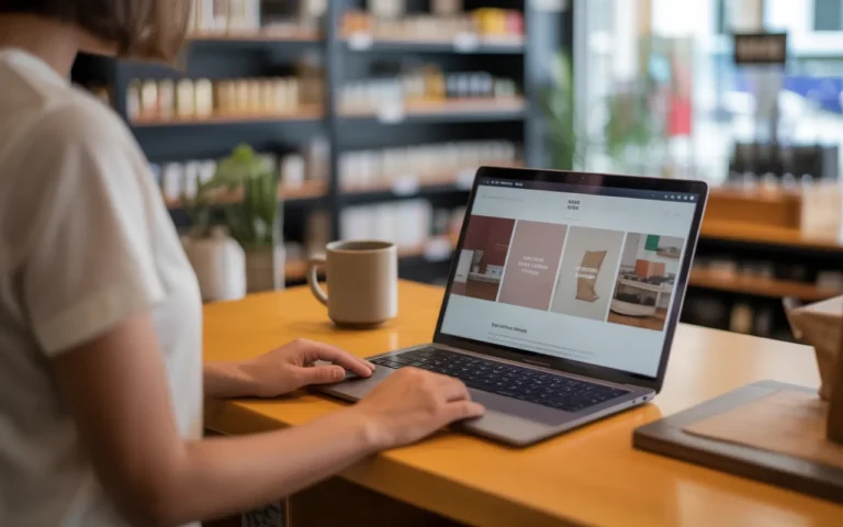 Pourquoi un site vitrine est indispensable pour une petite entreprise : mains du propriétaire d’une petite boutique/atelier utilisant un ordinateur portable sur comptoir en bois, écran de page vitrine épurée, lumière naturelle, arrière‑plan flou, accessoires minimalistes.