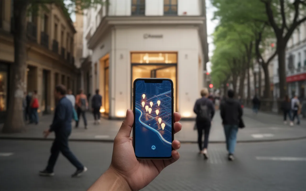 SEO local comment être visible dans sa ville: main tenant un smartphone avec carte minimaliste et épingles de localisation lumineuses, devanture de commerce de quartier moderne en arrière-plan, passants flous, lumière dorée.