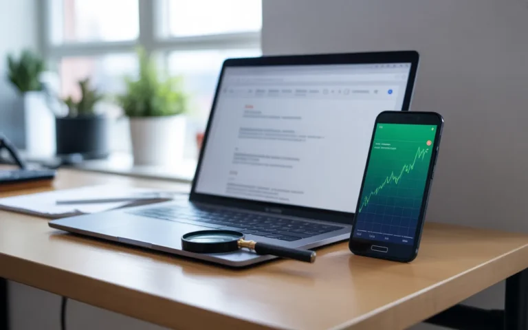 Comment suivre la position de son site sur Google: ordinateur portable affichant une page de résultats de recherche générique, smartphone avec graphique vert ascendant et loupe sur bureau en bois, ambiance tech moderne.