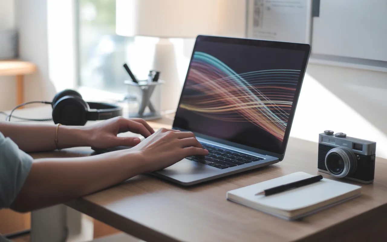 Comment l’intelligence artificielle aide à créer du contenu: bureau créatif moderne, ordinateur portable affichant des formes lumineuses abstraites, mains au clavier, micro, casque, carnet, stylo et caméra.