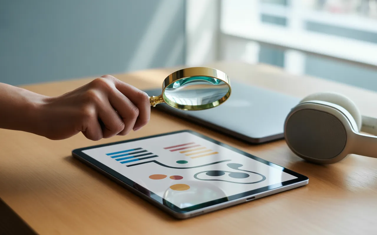 Comment trouver les bons mots-clés pour son activité : main tenant une loupe au‑dessus d’une tablette aux graphiques abstraits, bureau minimaliste moderne avec laptop fermé, stylet et écouteurs, ambiance SEO 2025.