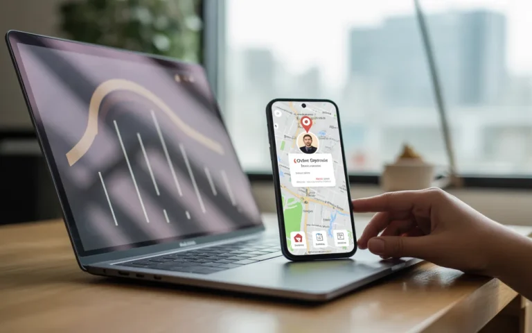 Comment optimiser sa fiche Google Business Profile: smartphone affichant une fiche d’établissement sur carte, laptop avec tableau de bord analytique, main sur trackpad, bureau moderne, lumière naturelle, bokeh urbain.
