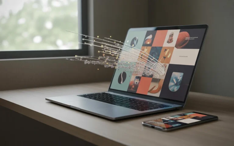 Comment un site vitrine attire de nouveaux clients : ordinateur portable moderne sur bureau minimaliste, maquette sans texte (blocs et icônes abstraits) avec traînées lumineuses convergeant vers l’écran, smartphone assorti, plante, arrière-plan d’open space flou.
