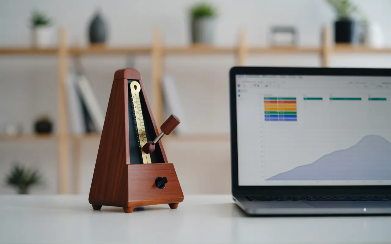 Bureau moderne illustrant L’importance de la régularité dans la publication d’articles: métronome en mouvement et laptop affichant un calendrier visuel et une courbe de progression SEO.