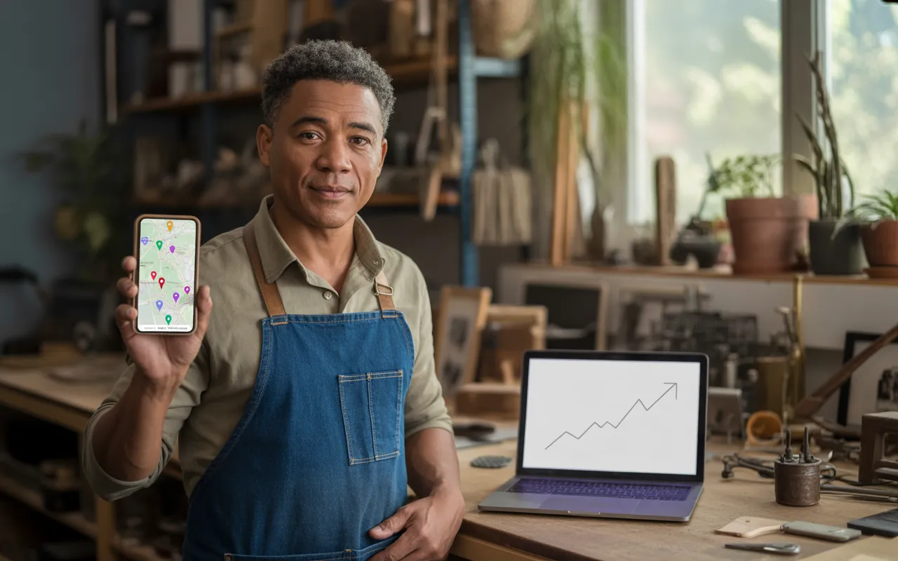Les avantages du SEO local pour les artisans: artisan dans son atelier, smartphone avec carte et épingles, ordinateur montrant un graphique ascendant, 2025.