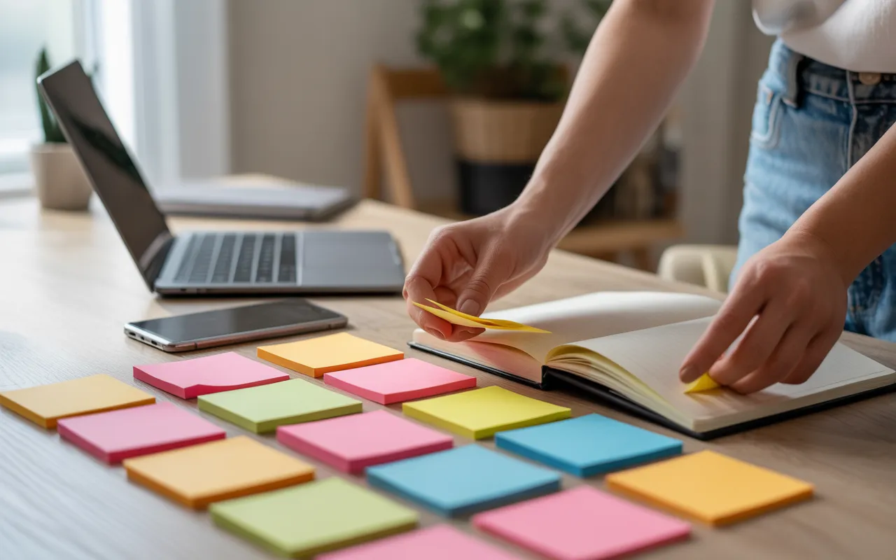 Comment planifier une stratégie de contenu efficace: bureau minimaliste, mains réorganisant des post-its colorés sans texte sur carnet ouvert et plan de travail en bois clair, avec ordinateur portable sans logo, smartphone et mug, lumière naturelle, arrière-plan flou.