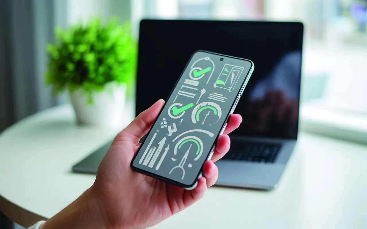 Smartphone moderne en gros plan, angle trois-quarts, affichant des résultats de recherche avec icônes de compatibilité mobile et de vitesse, espace négatif à droite, laptop flou — SEO mobile pourquoi Google privilégie les sites adaptés.