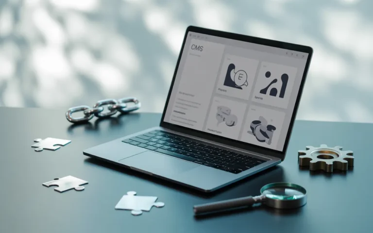 Bureau tech moderne: laptop en aluminium affichant un CMS (tuiles de plugins, graphiques), avec pièces de puzzle, maillon de chaîne, loupe et engrenage, illustrant Les meilleurs plugins WordPress pour le SEO.