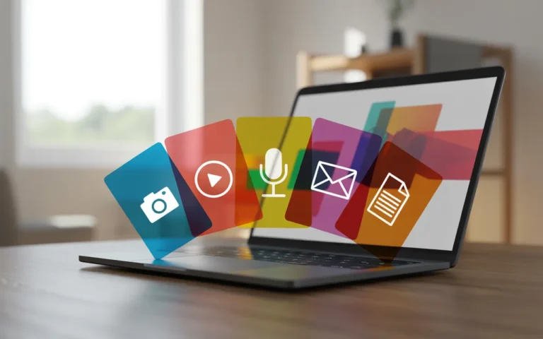 5 idées de contenu pour faire vivre son site web — bureau moderne, ordinateur portable, cinq cartes translucides colorées flottantes (icônes photo, vidéo, podcast, newsletter, document), main ajustant une carte.