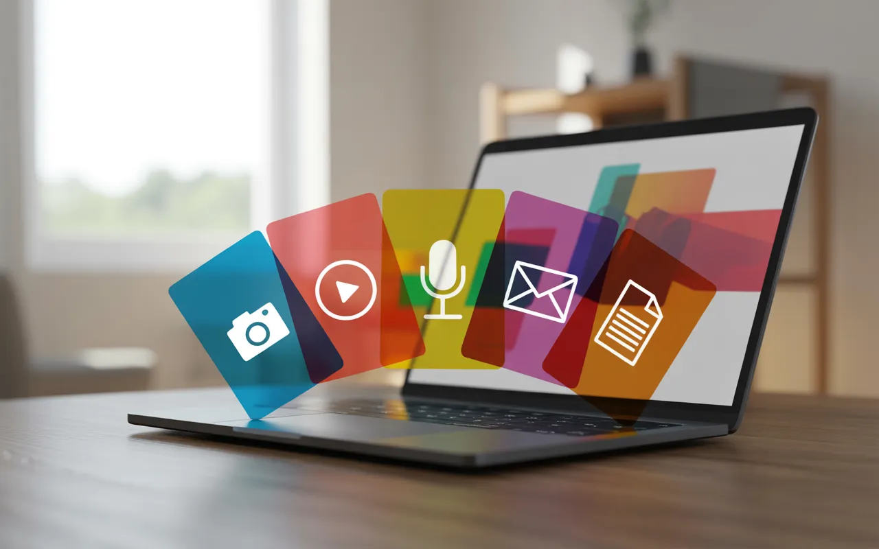 5 idées de contenu pour faire vivre son site web — bureau moderne, ordinateur portable, cinq cartes translucides colorées flottantes (icônes photo, vidéo, podcast, newsletter, document), main ajustant une carte.