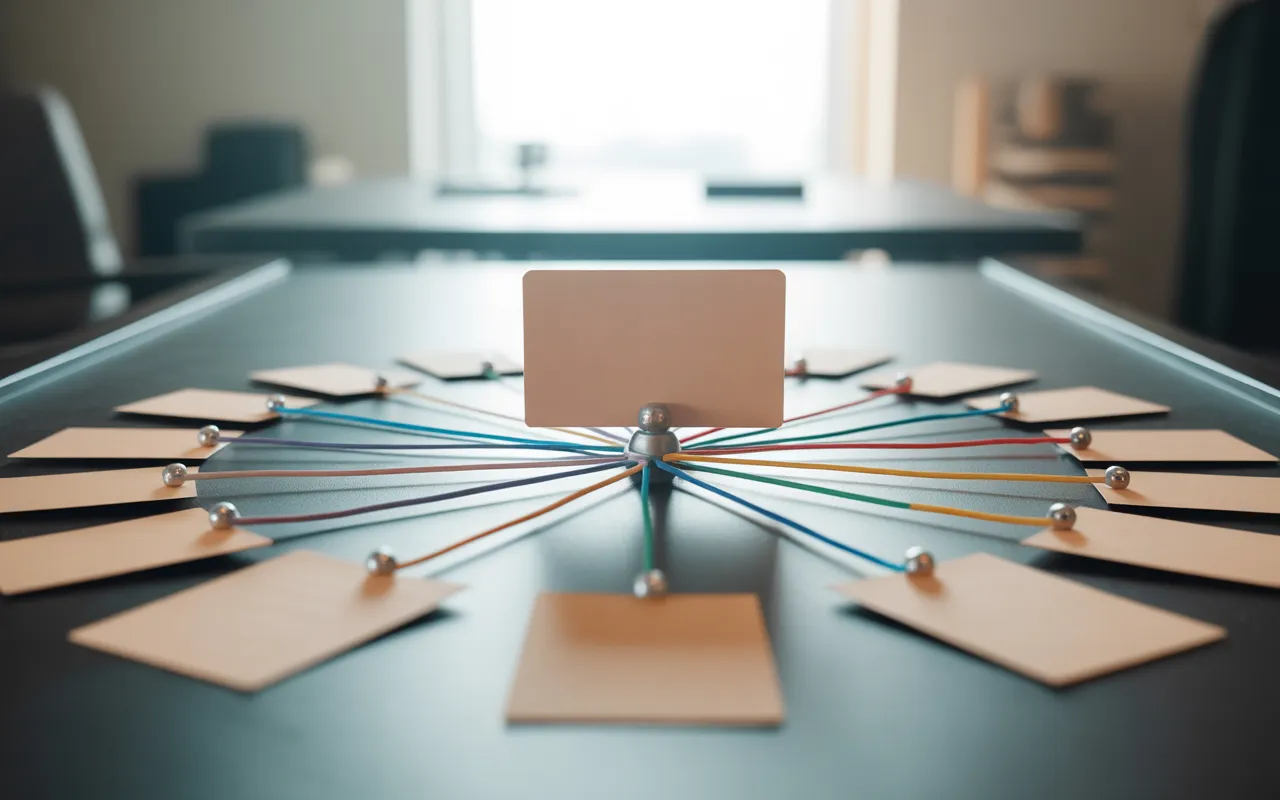 L’importance du maillage interne dans le référencement illustrée par une carte blanche centrale reliée par des fils bleu‑cyan et multicolores, épinglés à des cartes périphériques, sur bureau minimaliste, lumière douce, bokeh premium.