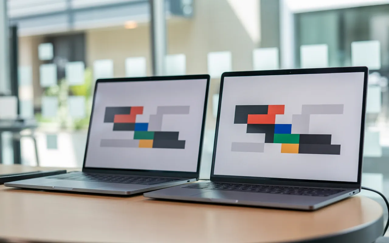Site WordPress ou Wix que choisir pour son entreprise — deux ordinateurs portables côte à côte sur bureau en bois clair, interfaces de création web abstraites cyan/magenta, lumière naturelle, arrière-plan flou.