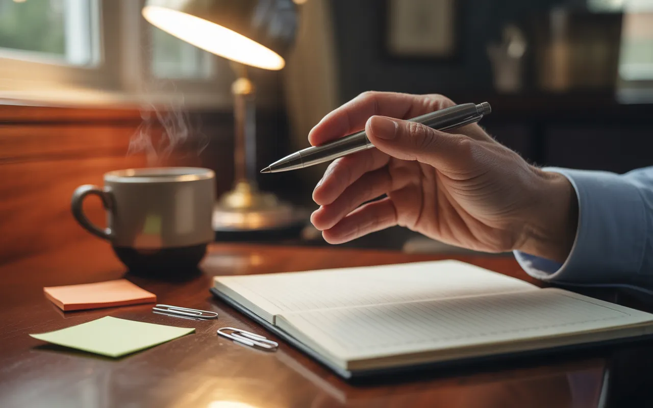 Comment écrire une introduction qui capte l’attention : gros plan au-dessus de l’épaule d’une main tenant un stylo, pointe au-dessus de la première ligne d’un carnet blanc; lumière chaude, bureau moderne flou, mug fumant, sans texte visible.