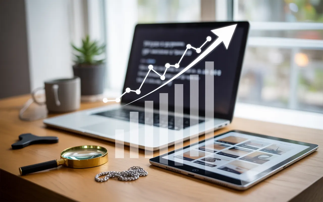 Pourquoi publier des articles de blog améliore le référencement: bureau moderne, laptop avec courbe ascendante vert émeraude, tablette à vignettes, loupe et chaîne SEO, lumière naturelle.