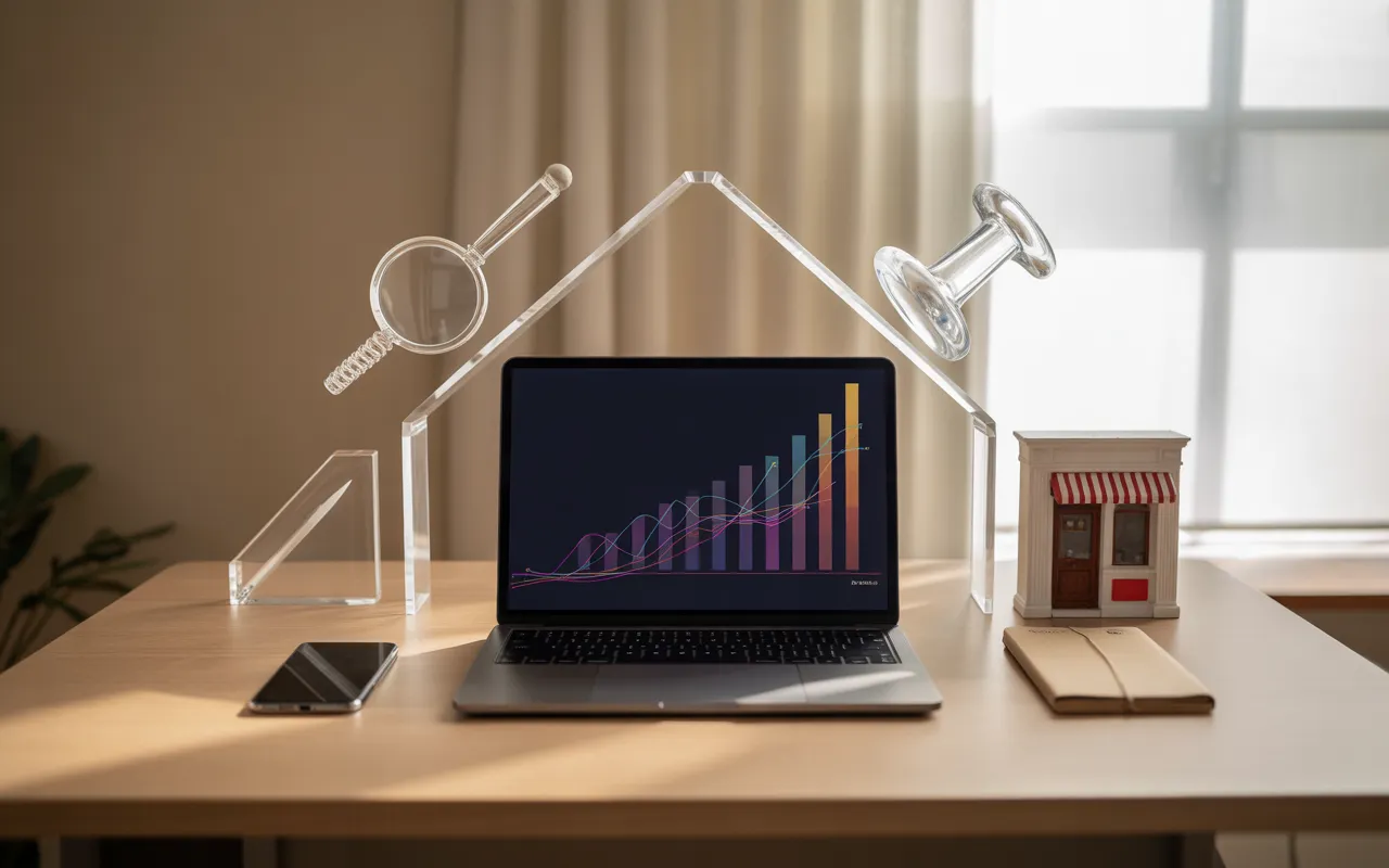 Les leviers de visibilité pour une TPE en ligne: bureau moderne avec laptop aux graphes abstraits en hausse, smartphone, colis, mini vitrine et icônes acryliques (loupe, mégaphone, flèche) pour SEO, marketing et croissance, guide 2025.