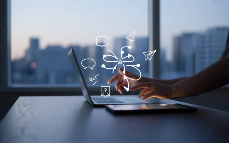 Comment automatiser une partie de sa communication: gros plan photoréaliste d’un bureau moderne au crépuscule; un pro touche un schéma d’automatisation à nœuds lumineux, icônes message/cloche/avion sur le bureau, laptop et tablette sans marque, skyline en bokeh.