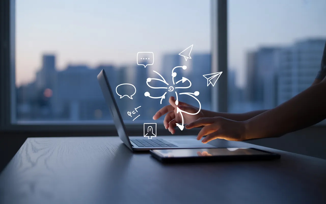 Comment automatiser une partie de sa communication: gros plan photoréaliste d’un bureau moderne au crépuscule; un pro touche un schéma d’automatisation à nœuds lumineux, icônes message/cloche/avion sur le bureau, laptop et tablette sans marque, skyline en bokeh.