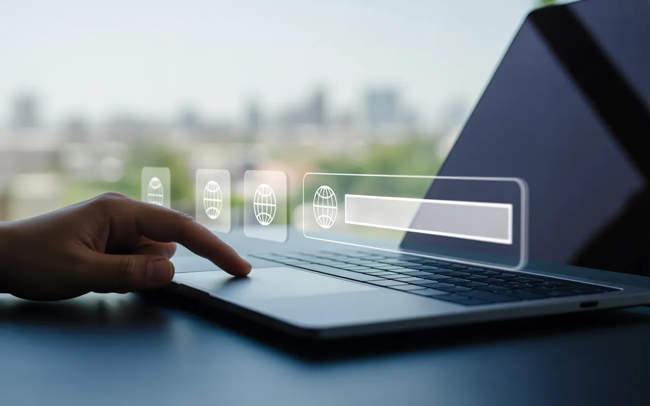 Comment bien choisir le nom de domaine de son entreprise: bureau moderne 2025, gros plan sur ordinateur portable (barre d’adresse vide), main professionnelle et cartes acryliques avec pictogramme globe, lumière douce, bokeh urbain, sans logos ni texte.