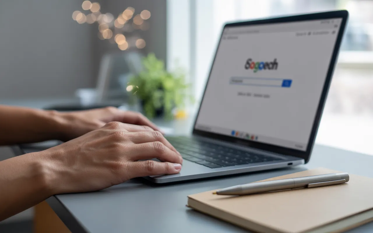 Comment rédiger pour les humains et pour Google : mains d’adulte tapant sur un ordinateur portable sans marque, moteur de recherche flou, bureau moderne avec carnet, bokeh évoquant l’algorithme.