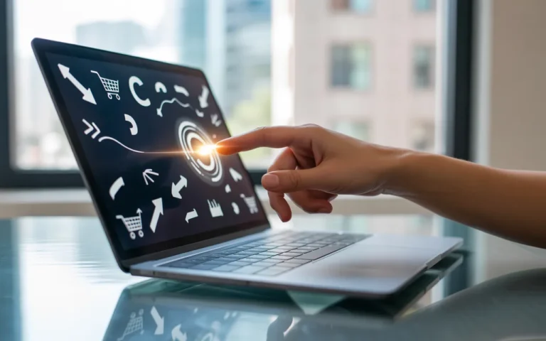 Main prête à cliquer sur un bouton d’appel à l’action sur un ordinateur portable, tableau de bord à icônes (entonnoir, panier, courbes) sur bureau en verre; 5 conseils pour un site qui convertit les visiteurs en clients.