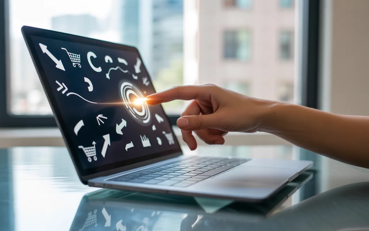 Main prête à cliquer sur un bouton d’appel à l’action sur un ordinateur portable, tableau de bord à icônes (entonnoir, panier, courbes) sur bureau en verre; 5 conseils pour un site qui convertit les visiteurs en clients.