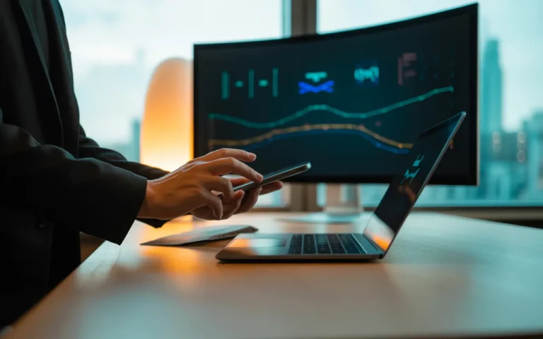 Pourquoi investir dans la communication digitale en 2025 : mains d’un professionnel sur laptop et smartphone reliés par tracés lumineux, écran courbe aux graphiques abstraits, bureau moderne, skyline urbaine en bokeh.