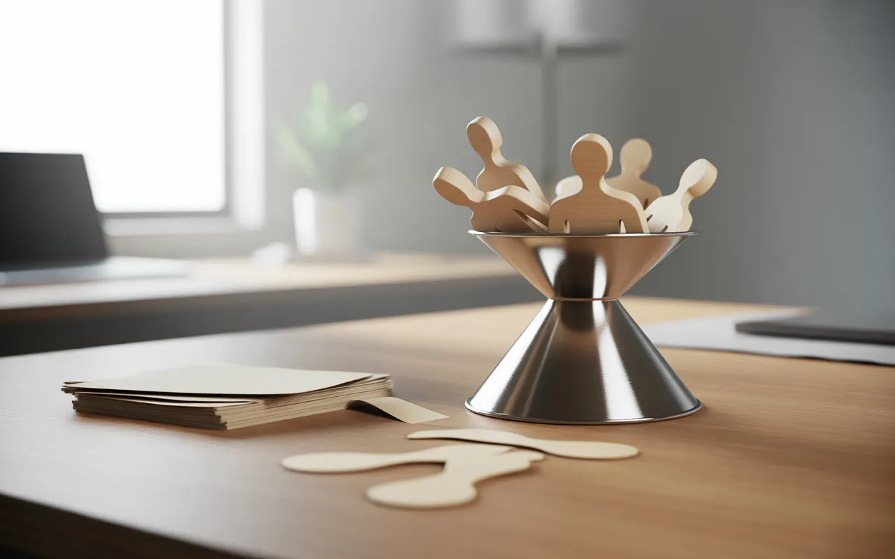 Comment transformer ses articles en clients potentiels: entonnoir en acier sur bureau minimaliste, feuilles blanches y glissant, silhouettes de prospects en bois et verre sortant, lumière naturelle, fond flou.