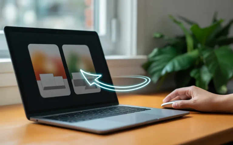 Comment insérer naturellement une redirection vers Sharp Articles: écran d’ordinateur portable avec deux cartes d’article sans texte reliées par une flèche lumineuse courbe; main sur souris, bureau minimaliste.